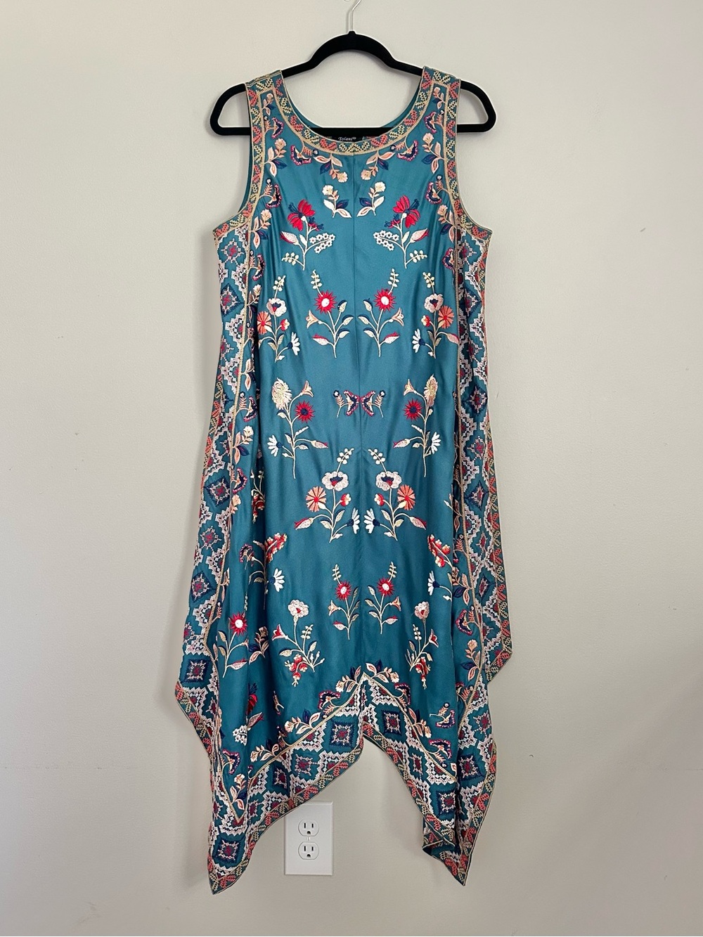 Tolani Embroidered Handkerchief Hem Tunic Dress Teal Boho Small Fairycore Resort